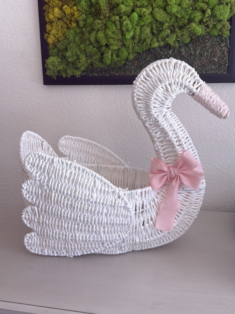 White Wicker Swan Basket with Pink Bow